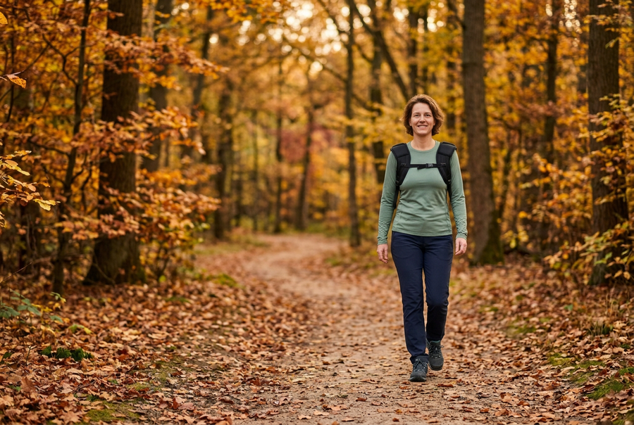 Uitgezoomde herfstwandeling met open schoudervest